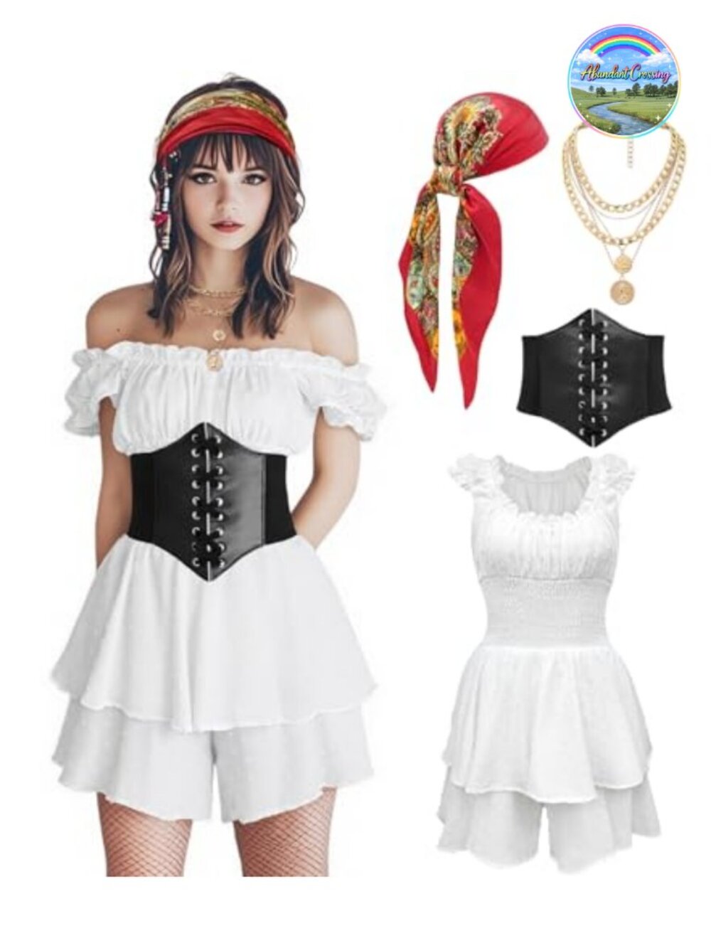 Pirate Costume Women Set Romper Corset Off-Shoulder Ruffle Cosplay Halloween